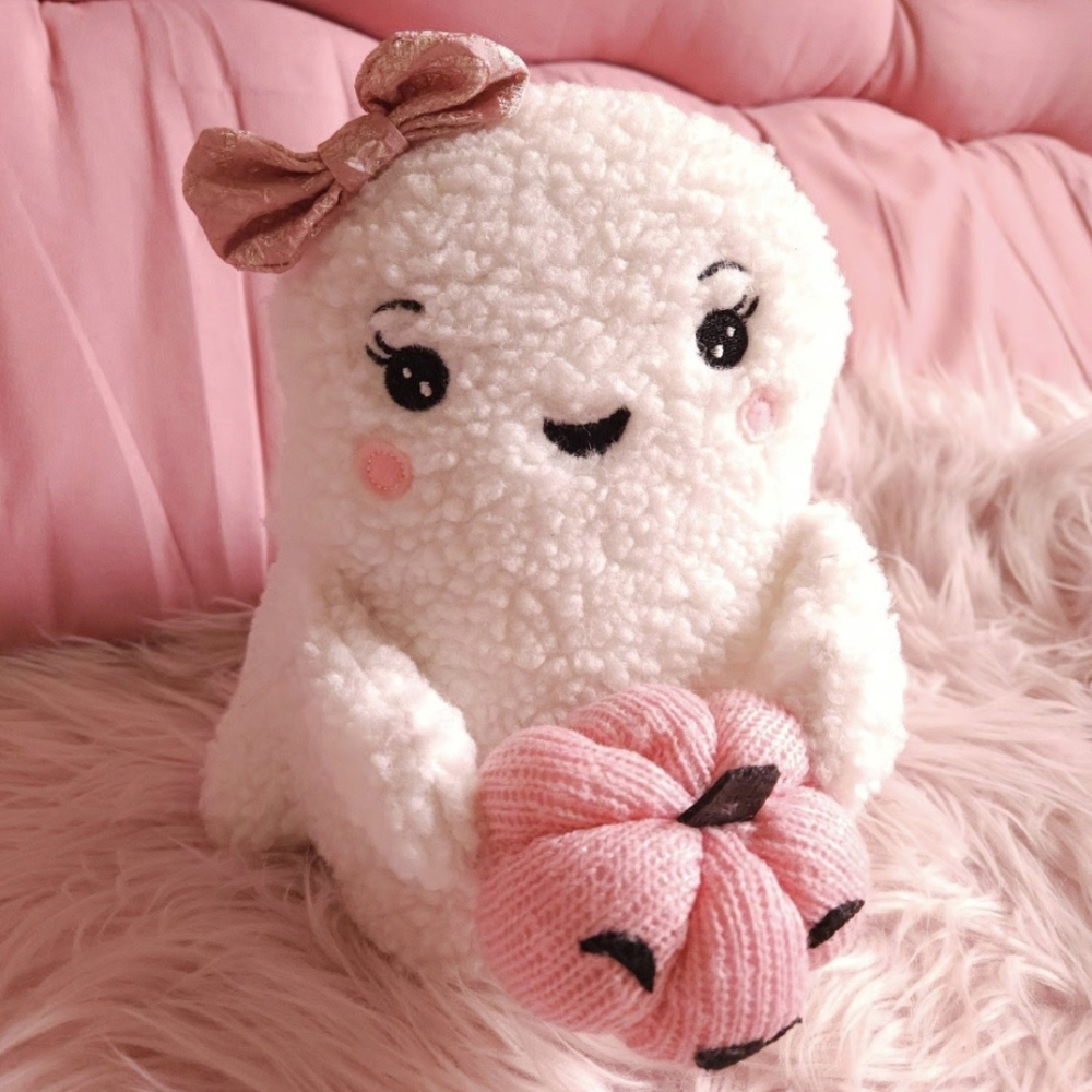 halloween white & pink ghost plush toy beaded weighted plush decoration